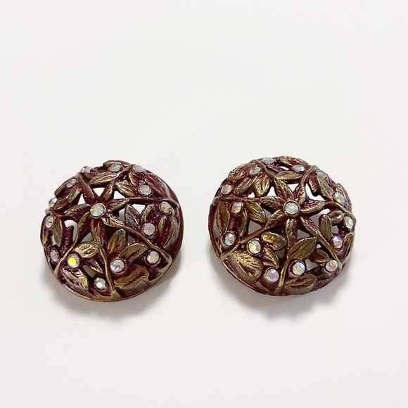 Vintage Pair of Brass Buttons With Enamel and Aurora Borealis Rhinestones - Picture 1 of 5